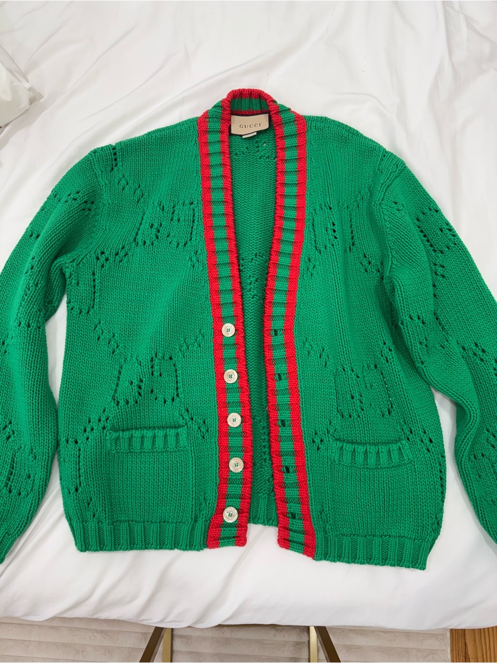 Gucci Green & Red Cotton Knit Cardigan Size L Made in Italy
